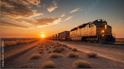 A freight train passing through barren plains with a beautiful sunset in the background.