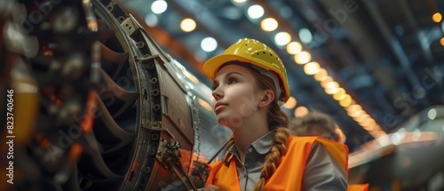 Thoughtful female engineer in hard hat and safety vest inspecting airplane engine in hangar photo