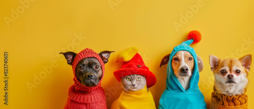 Four dogs are wearing hats and sweaters and standing in front of a yellow wall. © Napat.Tantichareonja