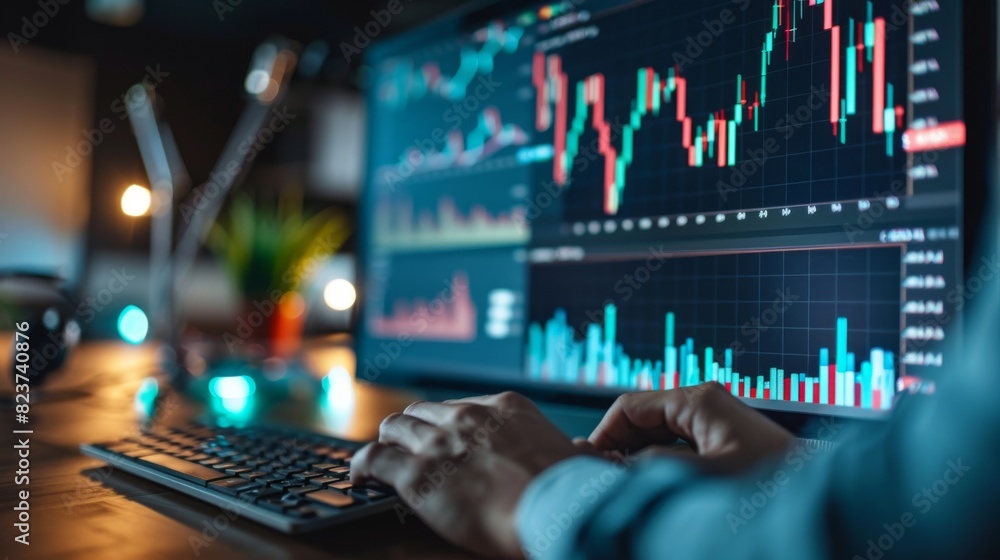 Graph showing a downward line and a person reviewing the data on a computer screen, financial loss, stock photo, clean design Graph showing a downward line and a person reviewing the data on a computer screen, financial loss, stock photo, clean design