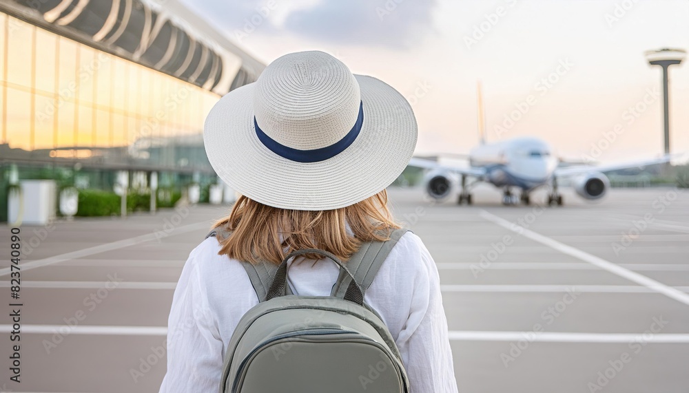 Fototapeta premium Young woman traveler with backpack and hat at the airport. Travel concept