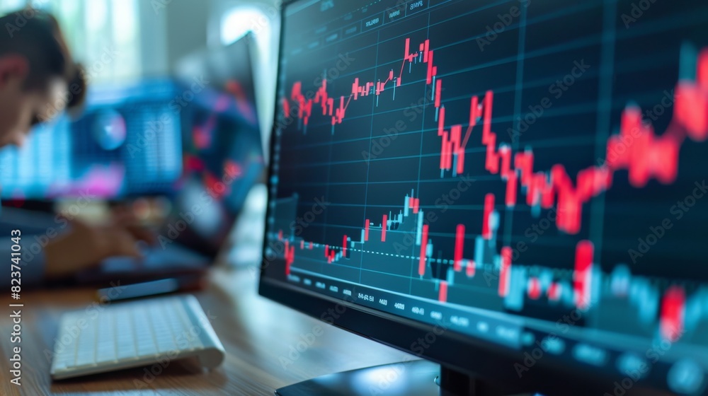 Graph showing a downward line and a person reviewing the data on a computer screen, financial loss, stock photo, clean design Graph showing a downward line and a person reviewing the data on a computer screen, financial loss, stock photo, clean design