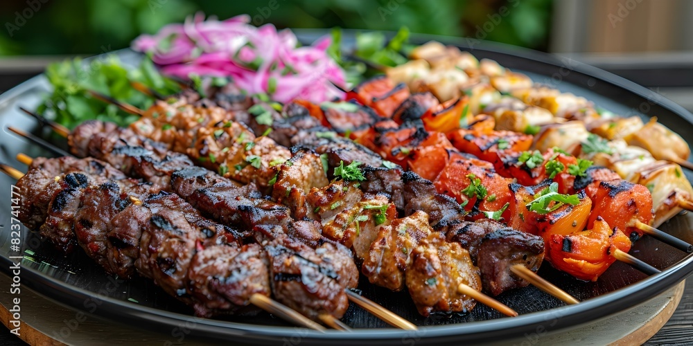 Artfully Arranged Plate of Delicious Satay Skewers. Concept Food Photography, Satay Skewers, Culinary Art, Tasty Food, Food Presentation Artfully Arranged Plate of Delicious Satay Skewers. Concept Food Photography, Satay Skewers, Culinary Art, Tasty Food, Food Presentation