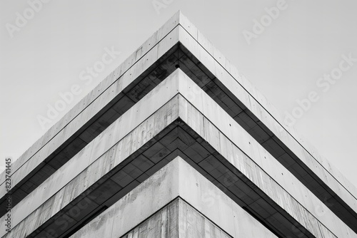 The top of a modern building is shown in black and white