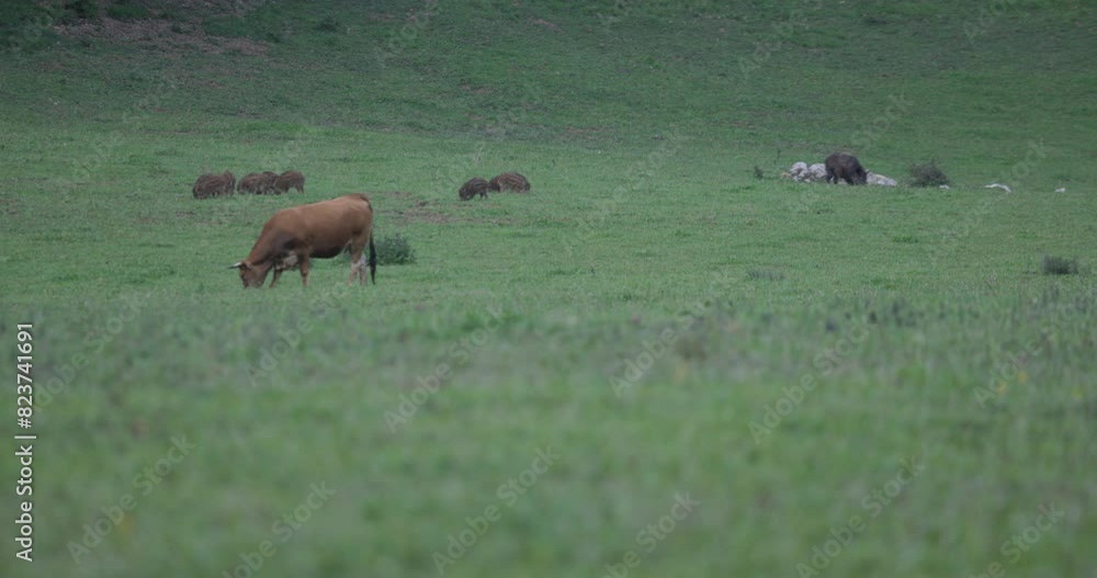 Group of cute boar herd with piglets in green field grazing and walking next to cow eating fresh grass at dusk Group of cute boar herd with piglets in green field grazing and walking next to cow eating fresh grass at dusk