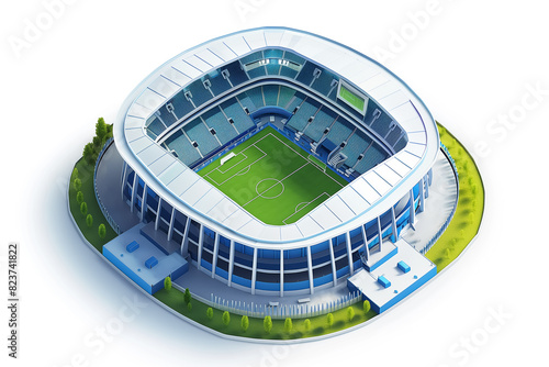 3D isometric view of a large, modern football stadium with a green pitch, blue seating, and bright floodlights, ready for a match.