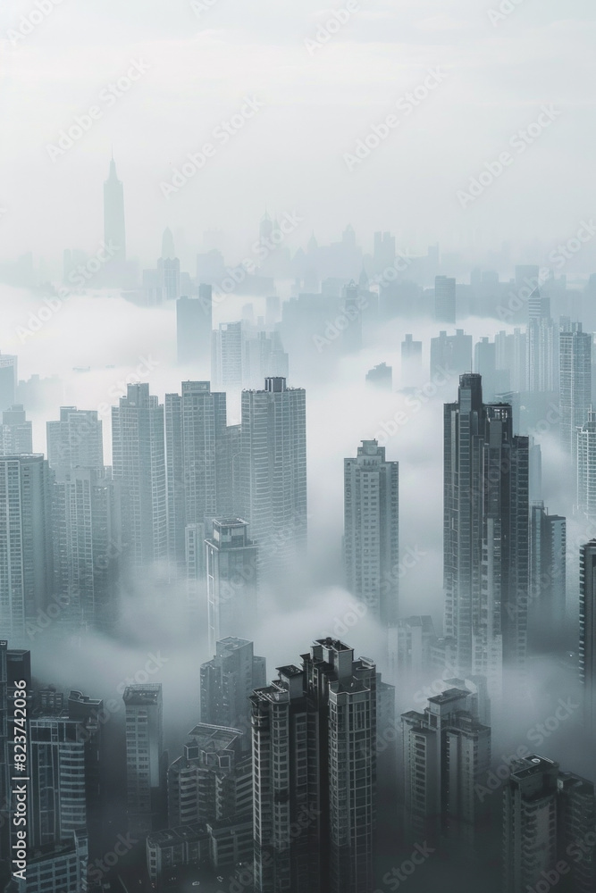 Aerial view of a cityscape partially covered in fog, with only the tops of buildings visible. Focus on the contrast between the sharp edges of the architecture and the soft, diffused fog. Aerial view of a cityscape partially covered in fog, with only the tops of buildings visible. Focus on the contrast between the sharp edges of the architecture and the soft, diffused fog.