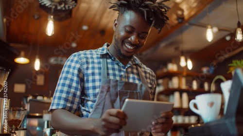 Smiling Barista with Digital Tablet