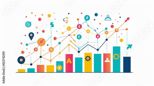 Graph with small business icons growing along the trend line, isolated on white background, economic growth, stock photo, professional design