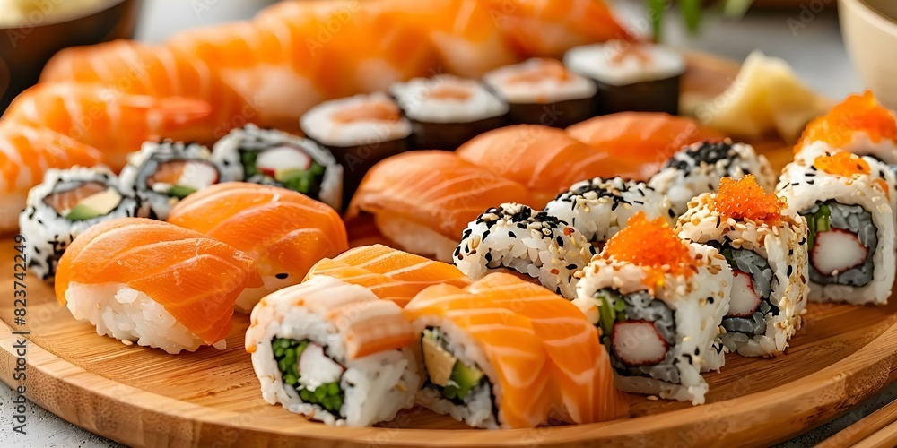 Assorted Sushi with Wasabi and Ginger on Wooden Plate. Concept Sushi Photography, Japanese Cuisine, Food Styling, Culinary Art, Gastronomy Assorted Sushi with Wasabi and Ginger on Wooden Plate. Concept Sushi Photography, Japanese Cuisine, Food Styling, Culinary Art, Gastronomy