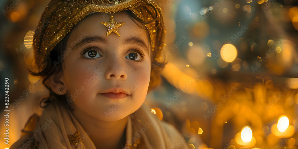 A child wearing a star and crescent brooch during Eid-al-Adha celebrations, with traditional decorations around A child wearing a star and crescent brooch during Eid-al-Adha celebrations, with traditional decorations around