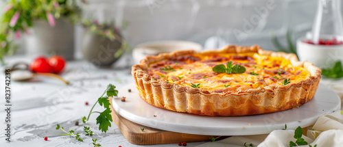 Homemade Quiche Lorraine on a Wooden Surface