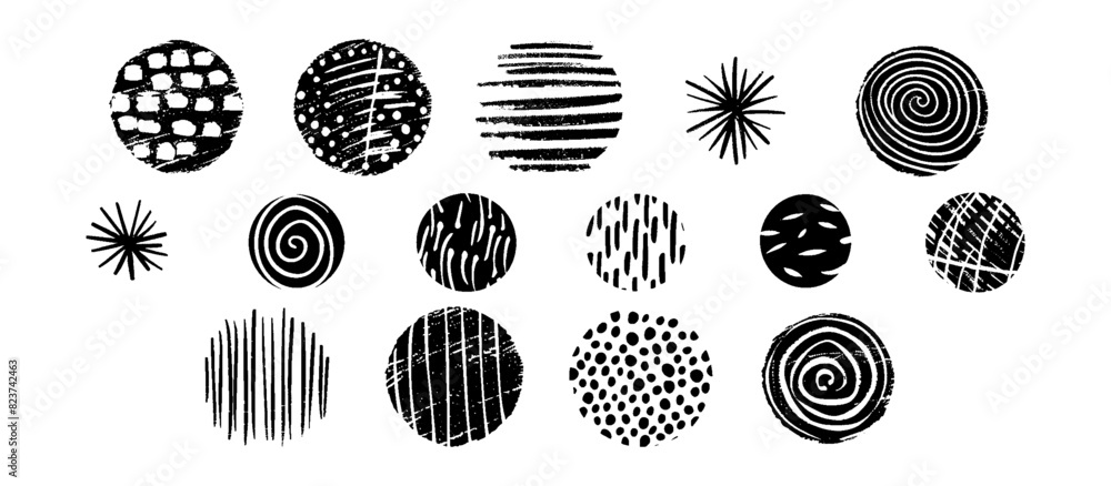 Set of abstract black and white circles with ink textures. Grunge brush strokes, dots and lines creating dynamic designs. Pattern for wallpapers, textiles and prints. Monochrome vector illustration Set of abstract black and white circles with ink textures. Grunge brush strokes, dots and lines creating dynamic designs. Pattern for wallpapers, textiles and prints. Monochrome vector illustration