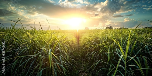 Sunlight illuminating sugarcane fields. Concept Nature, Agriculture, Sunlight, Illumination, Photography photo