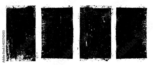 Set of abstract black rectangles with grungy textured details. Ideal for posters, canvases or digital art projects. Monochrome vector illustration for trendy decor