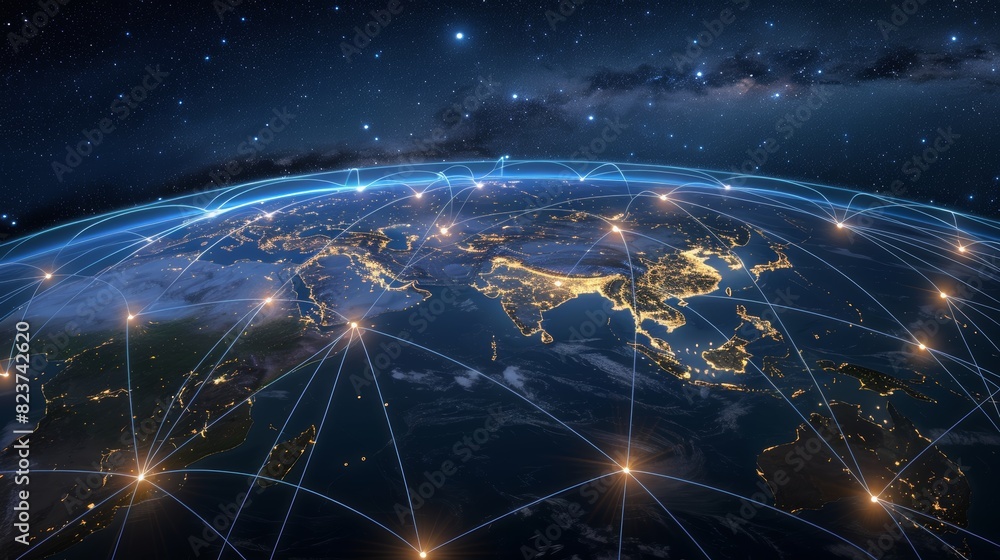 Global Connectivity: 3D Illustration of Nighttime Shipping Lanes and Flight Paths Highlighted on a Dark Earth Background Global Connectivity: 3D Illustration of Nighttime Shipping Lanes and Flight Paths Highlighted on a Dark Earth Background