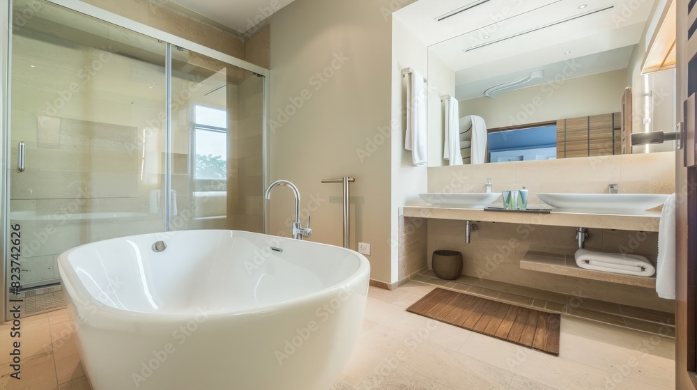 Interior, modern bathroom of an house, bathtub and shower. generative ai Interior, modern bathroom of an house, bathtub and shower. generative ai