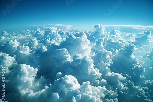 Digital artwork of view of the sky from above, with fluffy white clouds against a clear blue background. the perspective is looking down at an angle that gives depth to the scene and shows vastness.