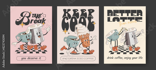 Set of Retro posters with mascot cups of hot drink, cappuccino, latte, espresso in trendy vintage  style. Coffee characters in 60s, 70s old animation style. Vintage comic cafe mascots.