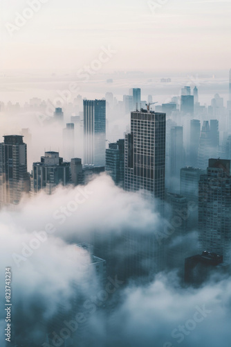 Aerial view of a cityscape partially covered in fog  with only the tops of buildings visible. Focus on the contrast between the sharp edges of the architecture and the soft  diffused fog.