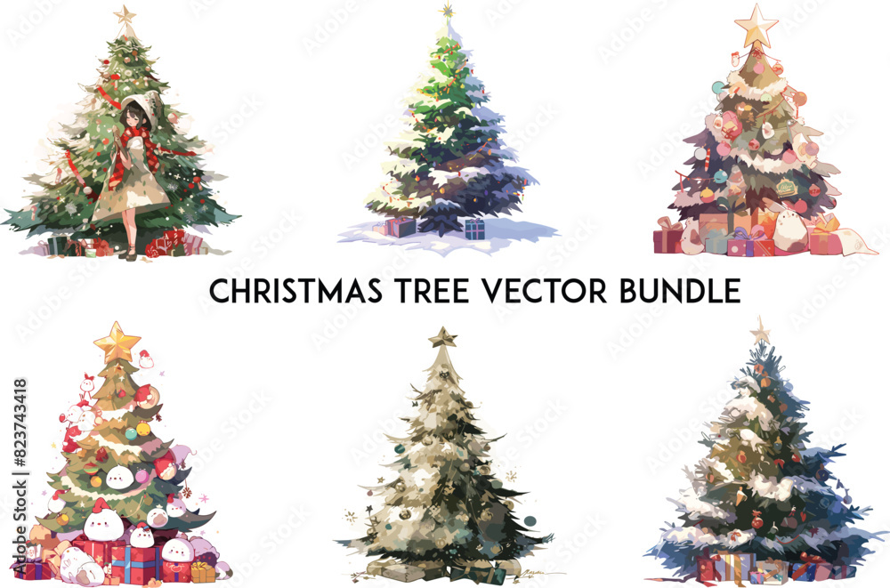 Christmas tree vector bundle, Cartoon Christmas trees on white isolated background , Noel Christmas fairy tail set. Nutcracker, Christmas tree baubles, decorations,