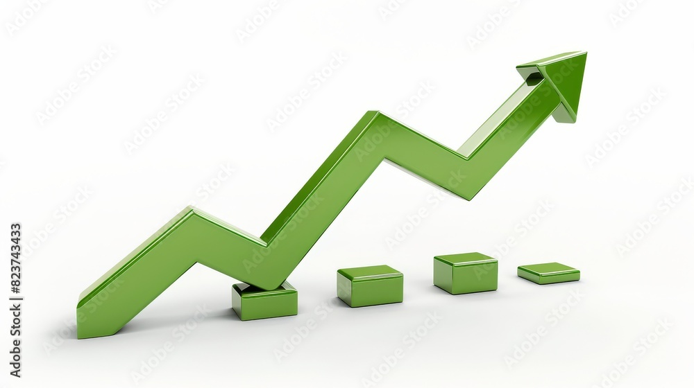 Green arrow on an upward trend line graph, isolated, white background, economic progress, stock photo, high resolution Green arrow on an upward trend line graph, isolated, white background, economic progress, stock photo, high resolution
