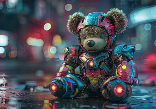 A cute teddy bear wearing colorful armor is crawling on the ground,