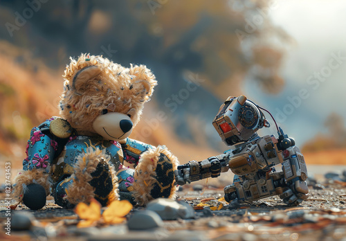 A teddy bear and a robot are sitting on the ground.