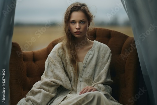 Contemplative young woman sits in a vintage chair amidst a tranquil coastal field © juliars