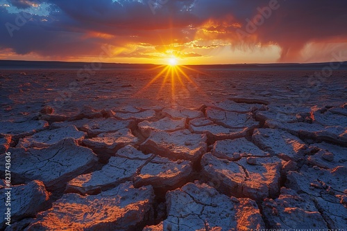 Depicting a  photograph of a cracked desert landscape with the sun setting in the background, symbolizing dryness photo