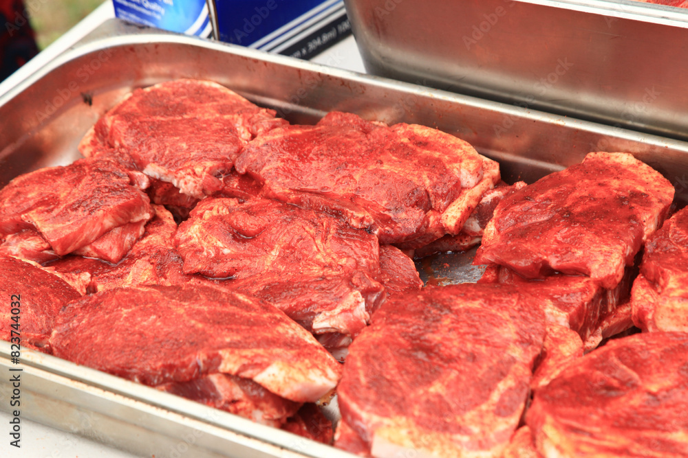 View of the seasoned pork for barbecue