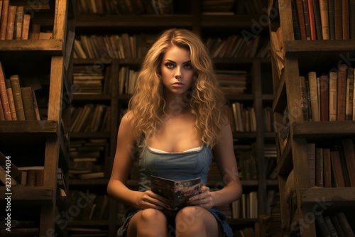 A young woman with captivating eyes holding a book, surrounded by wooden bookshelves