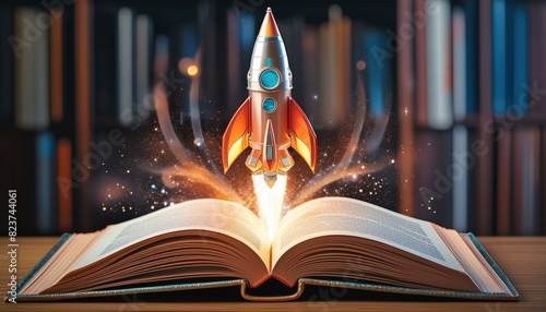 a rocket flying out of an open book. concept of pursuit of knowledge