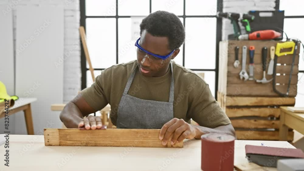 Concentrated african american man measuring wood in workshop Concentrated african american man measuring wood in workshop