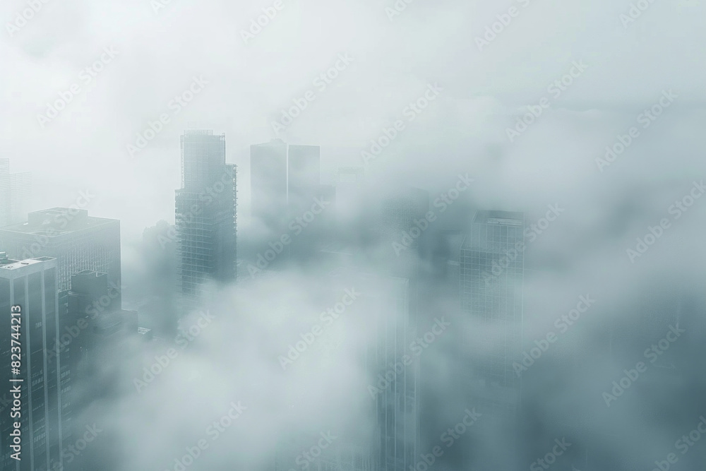 Aerial view of a cityscape partially covered in fog, with only the tops of buildings visible. Focus on the contrast between the sharp edges of the architecture and the soft, diffused fog.