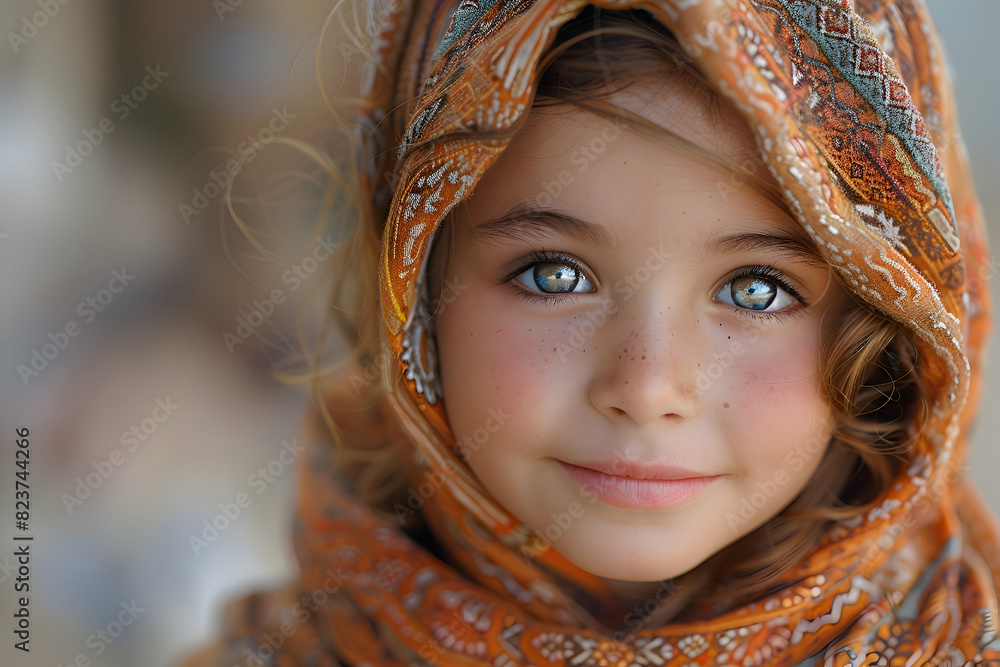 A close-up of a child's joyful face near a mosque during Eid-al-Adha A close-up of a child's joyful face near a mosque during Eid-al-Adha