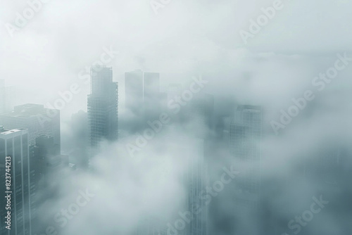 Aerial view of a cityscape partially covered in fog  with only the tops of buildings visible. Focus on the contrast between the sharp edges of the architecture and the soft  diffused fog.