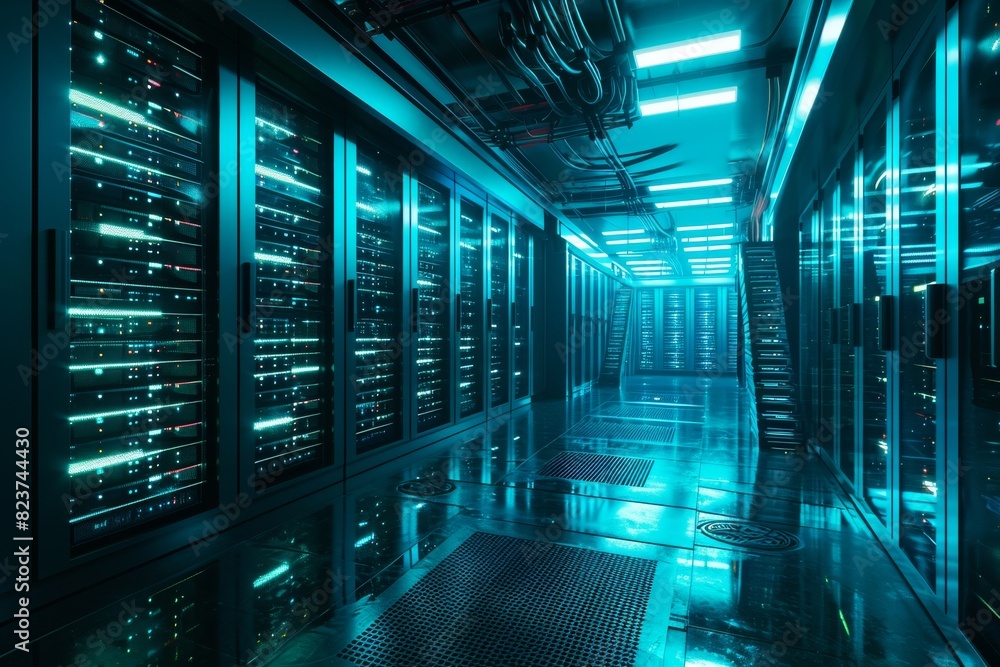 A server room with glowing lights technology , AI generated A server room with glowing lights technology , AI generated