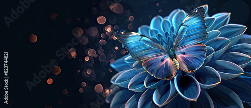 Graphic lighting blue butterfly flower on black background , Generate AI