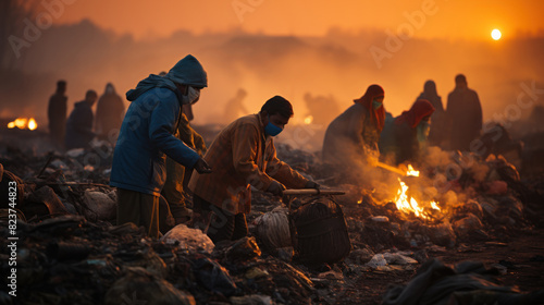 People gathered around a bonfire in a foggy  atmospheric landscape during sunset  portraying survival and warmth