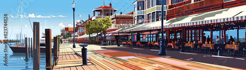 Waterfront Boardwalks: Close-up of waterfront boardwalks, outdoor cafes, and recreational areas, highlighting the city's waterfront lifestyle and leisure activities photo