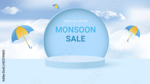 Cylindrical podium for displaying products during the rainy season. Design with realistic clouds and colorful umbrellas. Place for text. Vector illustration.