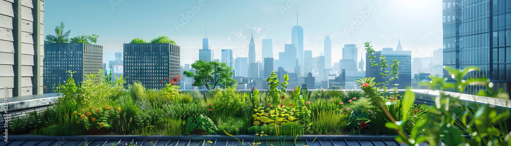 Fototapeta premium City Rooftops: Focus on rooftop gardens, solar panels, and urban beekeeping, showcasing the city's sustainable practices and green initiatives