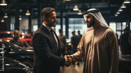 Successful deal as two businessmen shake hands in a car showroom setting, symbolizing partnership