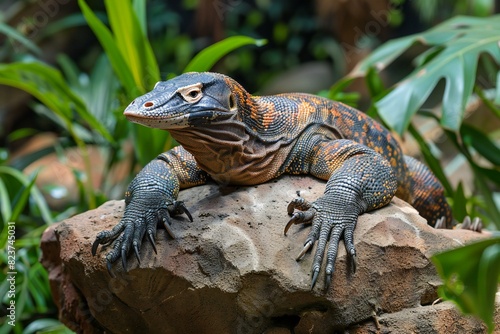 A large monitor lizard is laying on top of a rock in a jungle