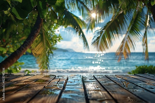 Background background photo of tropical garden with palm and sea dripping with reflection sun on the sea 