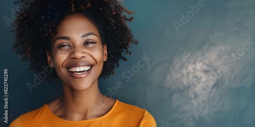 Laughing AfricanAmerican woman on dark background centered copy space selective focus. Concept Portrait, African American, Laughter, Dark Background, Copy Space, photo
