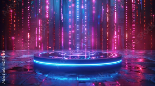 Futuristic neon digital portal with vibrant pink and blue lights creating a virtual sci-fi environment and immersive technological atmosphere.