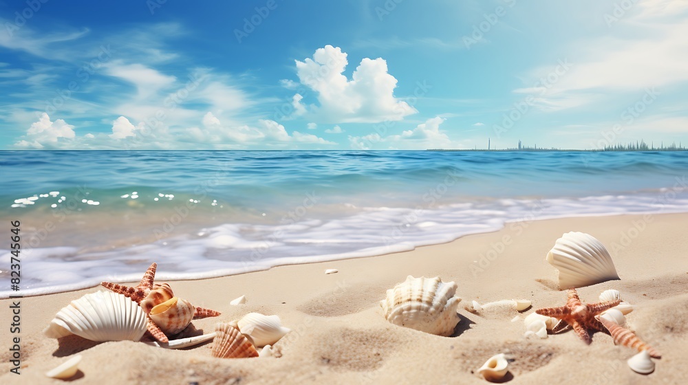 Landscape with seashells on tropical beach - summer holiday Landscape with seashells on tropical beach - summer holiday