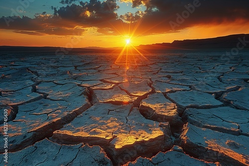 A photograph of a cracked desert landscape with the sun setting in the background, symbolizing dryness photo